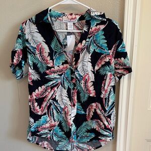 Tropical Leaf Print Women's Button Down Shirt - Black and Pink